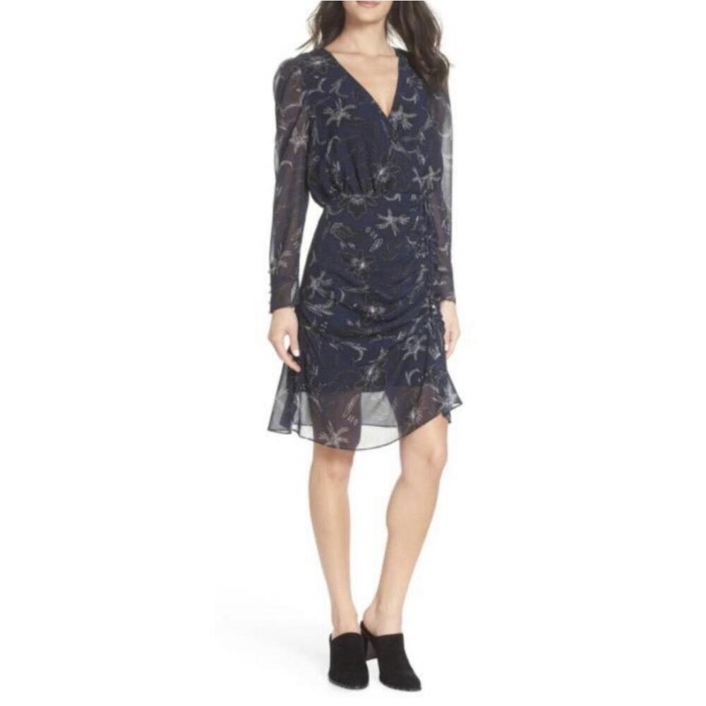 Sam Edelman Dress Womens Size 6 Navy Blue Floral Faux Wrap Chiffon Long Sleeve